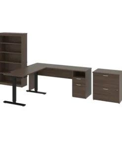 BESTAR Upstand 135W 72W L-Shaped Standing Desk with Bookcase and File Cabinet in antigua