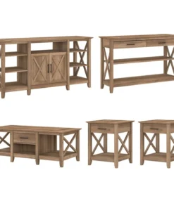 Bush Furniture Key West Tall TV Stand W/ Coffee Table, Console Table and Set of 2 End Tables, Reclaimed Pine