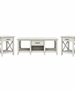 Bush Furniture Key West Coffee Table W/ Set of 2 End Tables in Linen White Oak