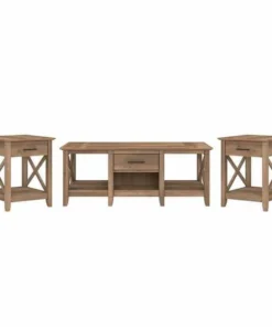 Bush Furniture Key West Coffee Table W/ Set of 2 End Tables in Reclaimed Pine