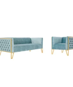 Manhattan Comfort Vector Sofa and Armchair Set of 2 in Ocean Blue and Gold