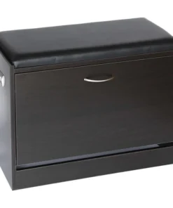 Basicwise Black Wooden Fold-out Shoe Organizer - Shoe Storage Bench with Leather Cushion