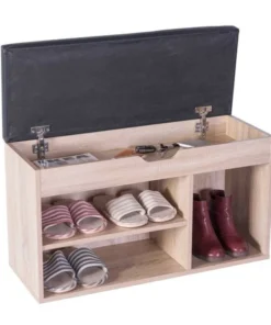 Basicwise Entryway Storage Shoe Rack with Top Seat, Oak