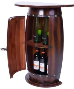 Vintiquewise Rustic Lockable Barrel Shaped Wine Bar Cabinet Wooden End Table