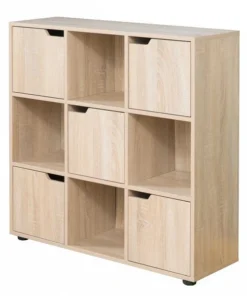 Basicwise 9 Cube Wooden Organizer With 5 Enclosed Doors and 4 Shelves, Oak