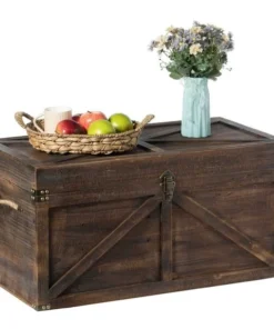 Vintiquewise Brown Large Wooden Lockable Trunk Farmhouse Style Rustic Design Lined Storage Chest w/Rope Handles