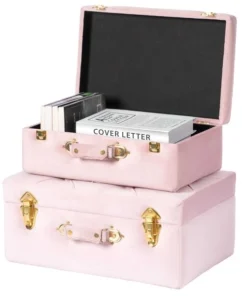 Vintiquewise Decorative Tufted Velvet Suitcase Treasure Chest, Pink, PK 2