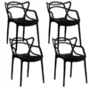 Fabulaxe Mid-Century Modern Style Stackable Plastic Molded Arm Chair with Entangled Open Back, Black, PK 4
