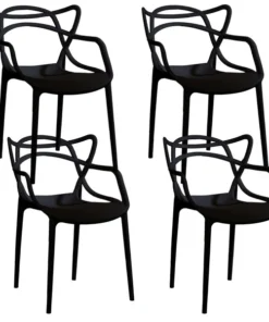 Fabulaxe Mid-Century Modern Style Stackable Plastic Molded Arm Chair with Entangled Open Back, Black, PK 4