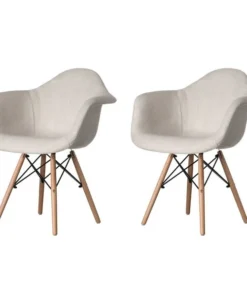 Fabulaxe Mid-Century Modern Style Fabric Lined Armchair with Beech Wooden Legs, White, PK 2