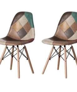 Fabulaxe Modern Fabric Patchwork Chair w/Leather and Suede Like Tones w/Wooden Legs, PK 2