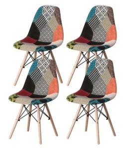 Fabulaxe Modern Fabric Patchwork Chair w/Wooden Legs for Kitchen, Dining Room, Entryway, Living Room, PK 4