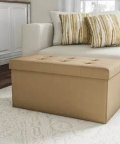 Folding Storage Bench Ottoman- 30" Tufted Foam Padded Lid- Removeable Bin by Hastings Home (Beige)
