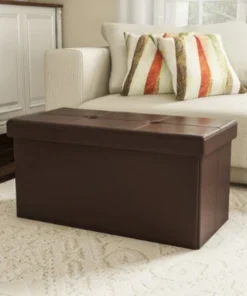 Hastings Home Large Foldable Storage Bench Ottoman, Tufted Faux Leather Cube Organizer Furniture for Home (Brown)