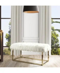 Chic Home FBH2752 Carolyn Fur Modern Luxe Chrome Metal Frame Ottoman Bench; Beige