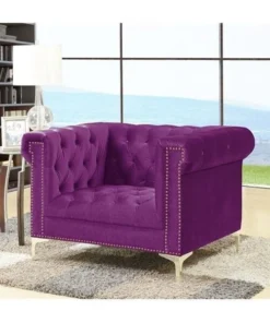 Chic Home FCC2609 Vanessa Velvet Modern Contemporary Button Tufted with Gold Nailhead Trim Goldtone Metal Y-Leg Club Chair; Purple