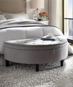 Chic Home FON2601-US Kelly Linen Modern Contemporary Button Tufted Gold Nailhead Trim Half Moon Storage Ottoman; Grey