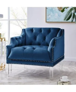 Chic Home FCC9560-US Eva Club Chair with Velvet Upholstered Button Tufted Nailhead Trim Slope Arm Design Acrylic Legs; Modern Transitional; Blue