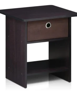 Furinno 10004DWN End Table & Night Stand Storage Shelf with Bin Drawer; Dark Walnut