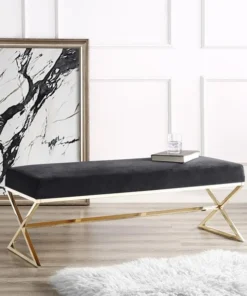 Posh Living Colin Velvet X-Leg Gold Base Bench - Black