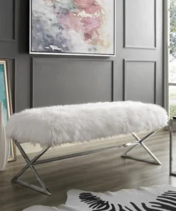 Posh Living Colin Faux Fur X-Leg Chrome Base Bench - White