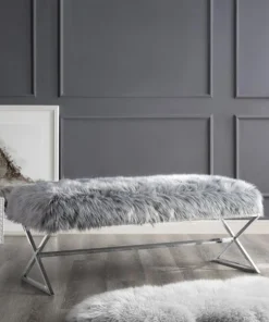 Posh Living Colin Faux Fur X-Leg Chrome Base Bench - Grey