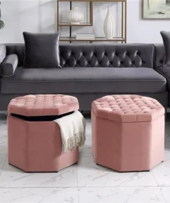 Posh Living Adrian Velvet Upholstered Tufted Octagon Storage Ottoman - Blush