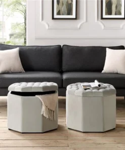 Posh Living Adrian Velvet Upholstered Tufted Octagon Storage Ottoman - Light Grey
