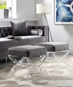 Posh Living Brayden Velvet Acrylic X-Leg Ottoman - Grey