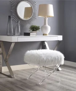 Posh Living Brayden Faux Fur Acrylic X-Leg Ottoman - Cream White