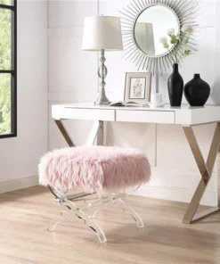 Posh Living Brayden Faux Fur Acrylic X-Leg Ottoman - Rose