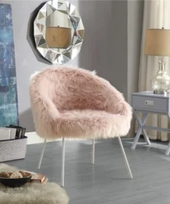 Posh Living Anthony Faux Fur White Powder Coated Metal Leg Accent Chair - Rose