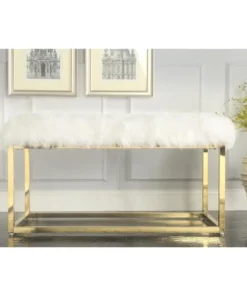 Posh Living BH08-05WE-UE Joseph Faux Fur Gold Metal Frame Ottoman Bench; White - 19 x 19 x 40 in.