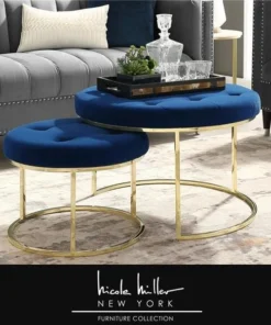 Nicole Miller NON106-02NG-UE 28 Dia. x 18 in. Posh Living Aaden Velvet Cocktail Coffee Table Ottoman; Navy & Gold - Set of 2