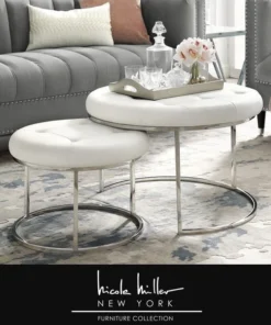 Nicole Miller NON106-01WE-UE 28 Dia. x 18 in. Posh Living Aaden Leather PU Cocktail Coffee Table Ottoman; White & Chrome - Set of 2