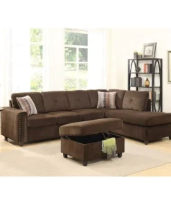 HomeRoots 285950 79 x 33 x 36 in. Chocolate Velvet Reversible Sectional Sofa with Pillows