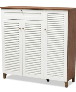 Baxton Studio Coolidge Walnut Wood 11-Shelf Shoe Storage Cabinet with Drawer