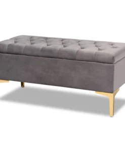 Baxton Studio Valere Grey Velvet Upholstered Gold Finished Tufted Storage Ottoman