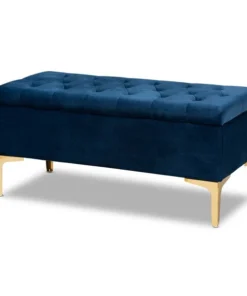 Baxton Studio Valere Blue Velvet Upholstered Gold Finished Tufted Storage Ottoman