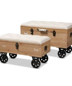 Baxton Studio Finlay Beige Upholstered Wood and Black Metal 2-PC Storage Ottoman Set
