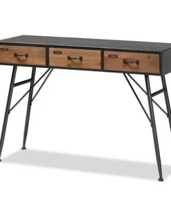 Baxton Studio Ariana Black and Oak Wood 3-Drawer Metal Console Table