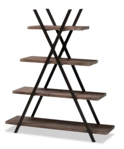 Baxton Studio Fiera Walnut Wood and Black Metal 4-Tier Living Room Display Shelf