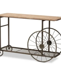 Baxton Studio Terence Natural Finished Wood and Black Metal Wheeled Console Table