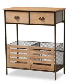 Baxton Studio Abram Oak Wood and Black Metal 2-Drawer Multipurpose Kitchen Cabinet