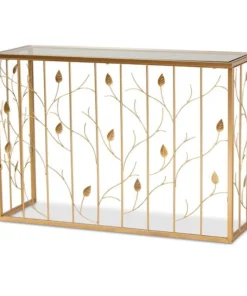 Baxton Studio Anaya Modern and Contemporary Glam Brushed Gold Finished Metal and Glass Leaf Console Table
