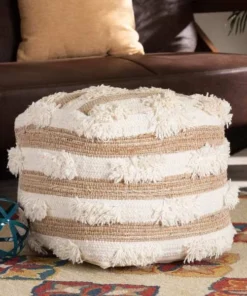 Baxton Studio Basque Contemporary Moroccan Inspired Natural and Ivory Handwoven Wool Blend Pouf Ottoman