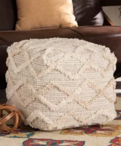 Baxton Studio Carilyn ModernMoroccan Inspired Ivory Handwoven Wool Blend Pouf Ottoman