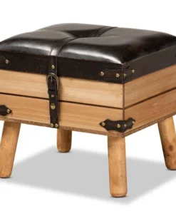 Baxton Studio Amena Rustic Transitional Dark Brown PU Leather and Oak Finished Wood Small Storage Ottoman