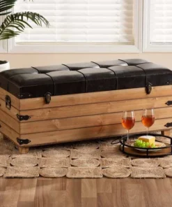 Baxton Studio Edmund Transitional Faux Leather Upholstered and Oak Brown Finished Wood Storage Ottoman-Dark Brown