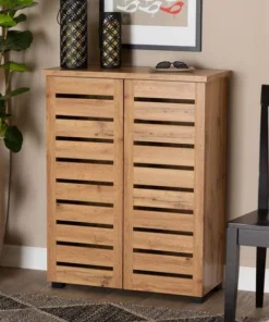 Baxton Studio Adalwin Modern and Contemporary Oak Brown Finished Wood 2-Door Shoe Storage Cabinet